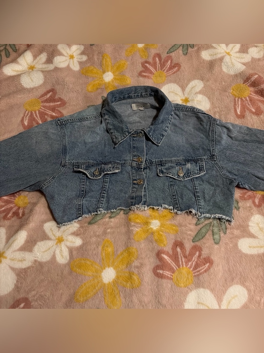 Cropped Frayed Hem Denim Jacket - Washed Blue